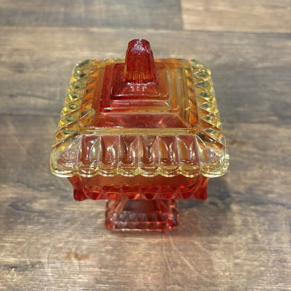 Vintage Amberina Glass Covered Pedestal Square Wedding Box Candy / Trinket Dish - Picture 2 of 8